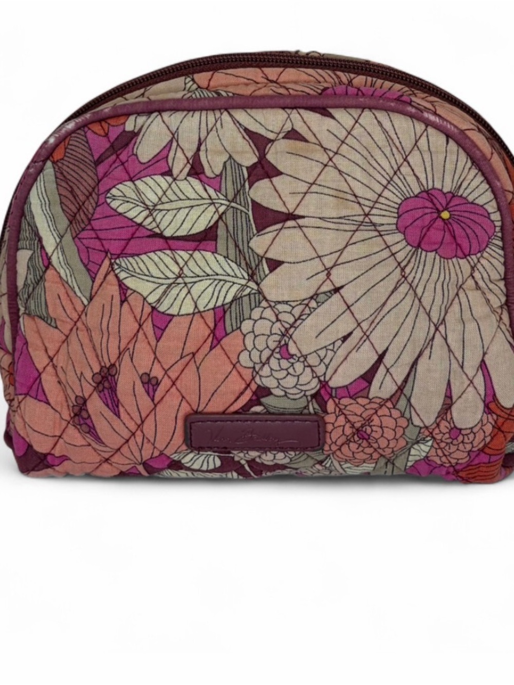 Vera Bradley Plum Floral Quilted Makeup Case with Coral & Pink Leaves